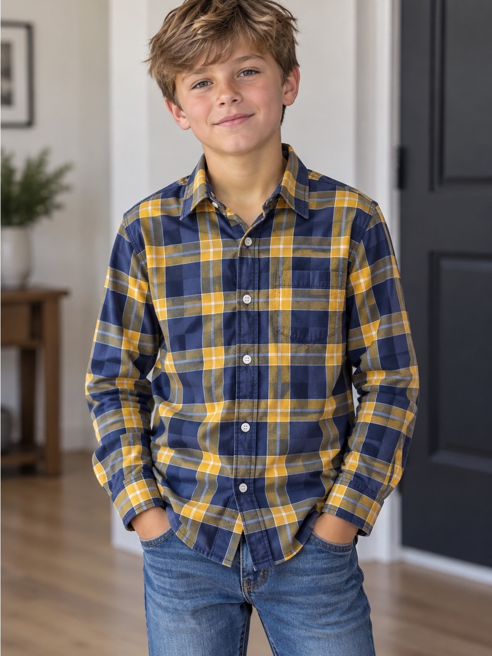 Old Navy Navy and Yellow Plaid Button-Down Shirt